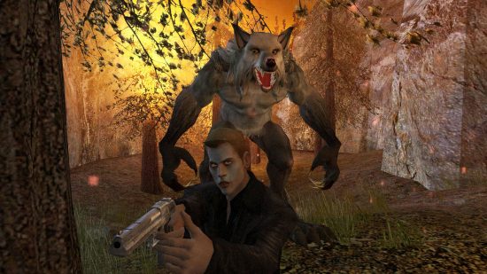 Vampire: The Masquerade - Bloodlines. A vampire points his gun at the camera, unaware that a large werewolf is behind him.