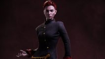 Bloodlines 2 adds one of the best Vampire The Masquerade clans: A pale woman with short red hair wearing a black military jacket with golden buttons stands on a black and red background