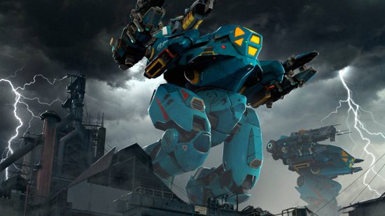 Two cyan mechs with plasma cannons tower over an abandoned factory in a storm.