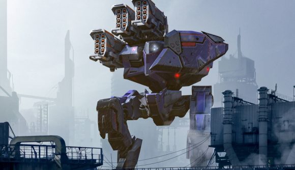 best multiplayer games: A giant blue robot with multiple rocket launchers.