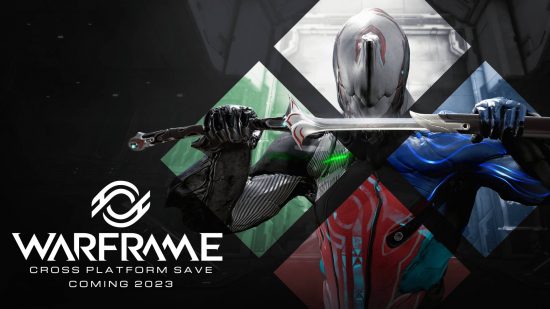 A ninja character holds a huge katana sideways spread across different colored diamonds with the Warframe logo next to it, and 'cross-save 2023' written below