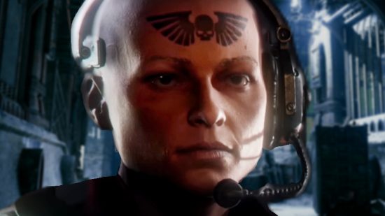 Warhammer 40k Darktide The Traitor Curse - A soldier with a shaved head and the Imperialis winged skull tattooed on their forehead.