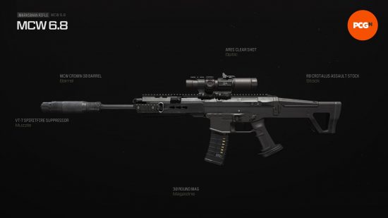Best MCW 6.8 loadout: a long black rifle with a large scope.