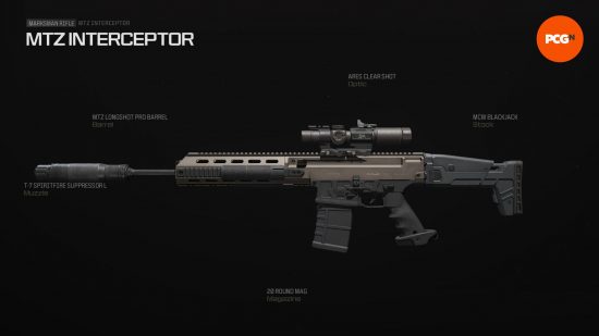 Best MTZ Interceptor loadout: a long black and being rifle with a scope and suppressor attachment.