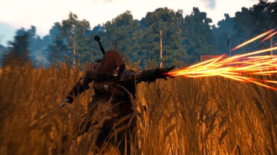 Witcher 3 mods: a man with a white beard and a hood produces flames from his fingertips.