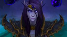 A purple-skinned elf woman with long purple hair and glowing purple eyes with runic tattoos on her face smirks into the camera