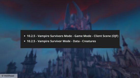 Ein Bild, das dataminierte World of Warcraft-Modi zeigt und auf einen Vampire Survivors-Spielmodus für WoW10.2.5 hinweist