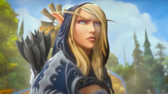 A pretty blond elf woman with long eyebrows and blue eyes wearing a blue hooded cloak with silver inlays with a quiver on her back in a forested area