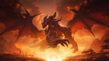 Blizzard isn't scared of WoW Cataclysm's bad reputation: A huge black dragon soars through the air above a burning landscape