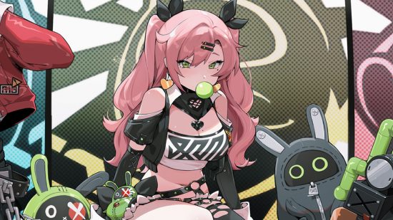 Zenless Zone Zero just got a little less X-rated: An anime girl with pink hair in pigtails blows a bubble with green gum sitting hunched wearing a black cropped jacket and white cropped shirt