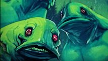 Against the Storm 1.0: A group of green fish with striking red eyes stare hungrily ahead