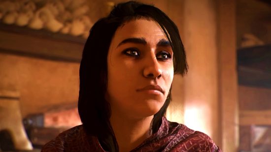 Assassin's Creed Mirage update: A person with short black hair and a maroon scarf stares off to the side
