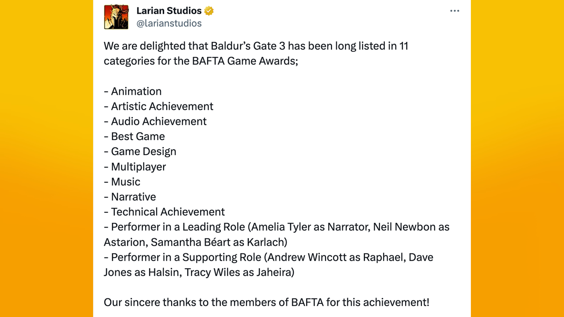 Baldur's Gate 3 BAFTA-Nominierungsbeitrag von Larian Studios