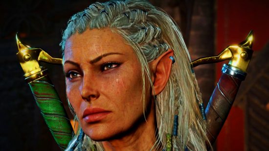 Baldur's Gate 3 longest games: A woman with long, braided white hair looks suspicious, her right eyebrow arched as she stares off to the side