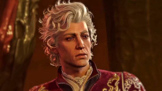 Baldur's Gate 3 Game Pass: Astarion, a pale elf-like vampire, stands with his curly white hair atop his head and a surprised expression on his face