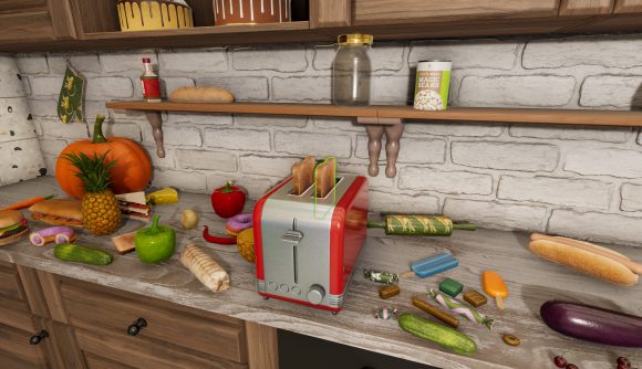 Toaster, vegetables and other bits and bobs in House Flipper 2