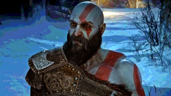 Call of Duty God of War: Kratos, a large-built bald man wearing red body paint smirks, a snowy backdrop behind him
