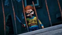 Dead by Daylight DLC packs: Red-haired Chucky doll behind prison-like bars tainted by rust, holding a butcher's knife menacingly