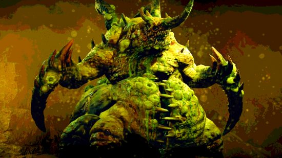 Diablo 4 update drop rates: A large slimy green monster that seems to be bursting apart stands with its claws on either side of its engorged body