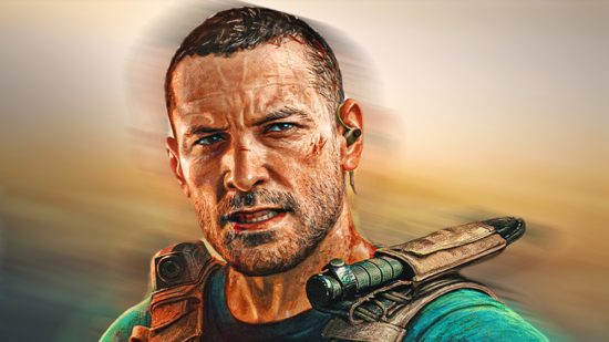 Escape From Tarkov Arena: A man with a short buzz-like cut and stubbly facial hair stares ahead, military gear on his chest