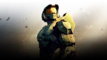 Image of soldier in a futuristic green combat suit standing and looking toward the sky.