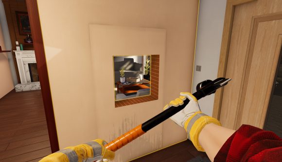 Holding a hammer and knocking holes in walls in House Flipper 2