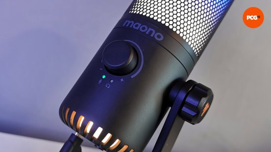 Images of the Maono DM30 RGB microphone.