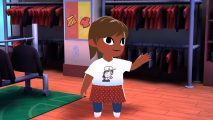 Coffee Talk meets Animal Crossing in stunning cozy Steam game: Image of a cartoony character wearing a white shirt and red skirt waving their hand inside a building.