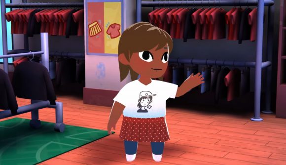 Coffee Talk meets Animal Crossing in stunning cozy Steam game: Image of a cartoony character wearing a white shirt and red skirt waving their hand inside a building.