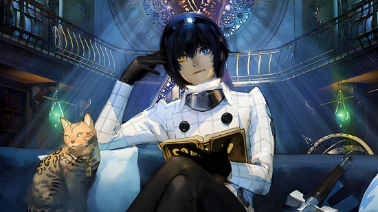 A boy with blue and yellow eyes sitting on a couch with a book in his hands.