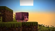 Minecraft 1.21: An armadillo stands atop a grassy dirt block and stares out at a forest, the sun rising above him