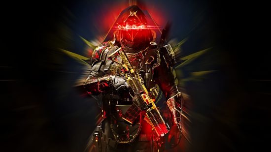 Modern Warfare 3 free weekend: A man in futuristic military gear marked by its bright red spectacles and golden embroidery