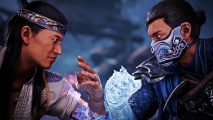Mortal Kombat 1 crossplay launch: Two men in fighting gear stare each other down, both with glowing blue eyes