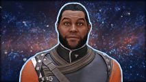 Starfield traveling: A man wearing a futuristic orange and grey outfit stands with a surprised look on his face, a starry sky behind him