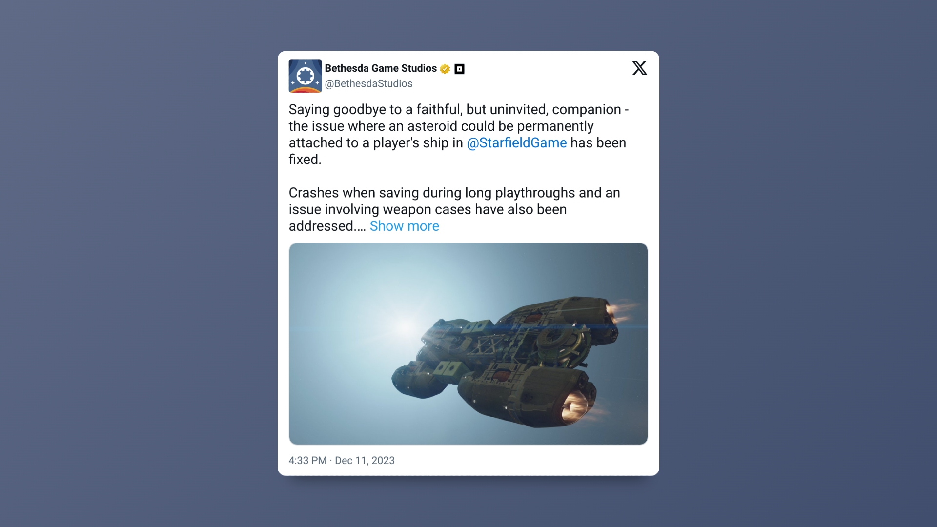 Starfield-Update-Tweet von Bethesda, in dem die kürzliche Beseitigung des Asteroiden-Bugs im Spiel detailliert beschrieben wird