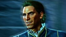 Steam Winter Sale 2023: Baldur's Gate 3 character Raphael, a man with short brown hair and a ruffle-collar shirt, smiles menacingly, the backdrop behind him blurred