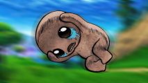 The Binding of Isaac Fortnite: A beige creature falling over on its side cries with tears streaming down its face, a grassy backdrop behind it