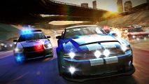 The Crew shutdown: A blue racing car with white stripes speeding ahead of a police car on a turning road