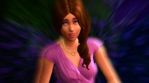 The Sims 4 DLC free: A woman with her hair flowing over one side smiles, a purple dress and gold necklace on her as flowers take up the backdrop