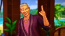 The Sims 4 For Rent Interview: An elderly man wearing a purple silk robe and beaded necklace smiles, his left pointer finger pointing upwards