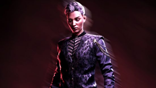 Vampire The Masquerade Bloodlines 2 Ventrue: A woman with very short hair stands wearing a deep purple suit, the background behind her blurred in motion