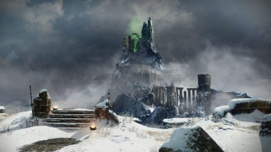 Destiny 2 Warlord's Ruin backdrop features large mountain and green smoke