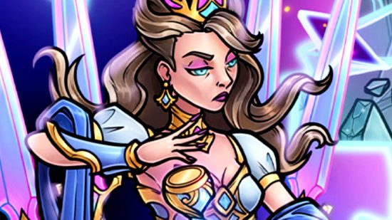 Across the Obelisk patch 1.3 and Amelia the Queen DLC hero - Amelia, a regal woman with long hair, blue and gold clothing, and purple makeup.