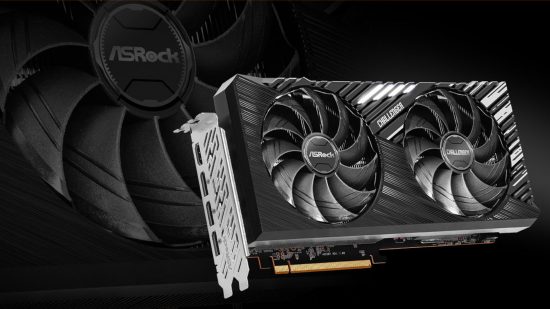 An ASRock Challenger Radeon RX 7700 XT graphics card (right), with a zoomed in and slightly transparent fan (left)