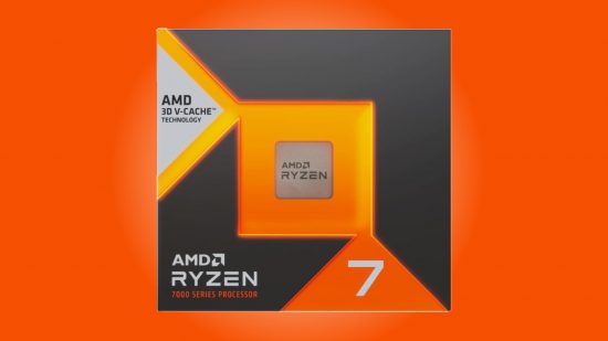 The AMD Ryzen 7 7800X3D processor, in its retail packaging, against an orange background