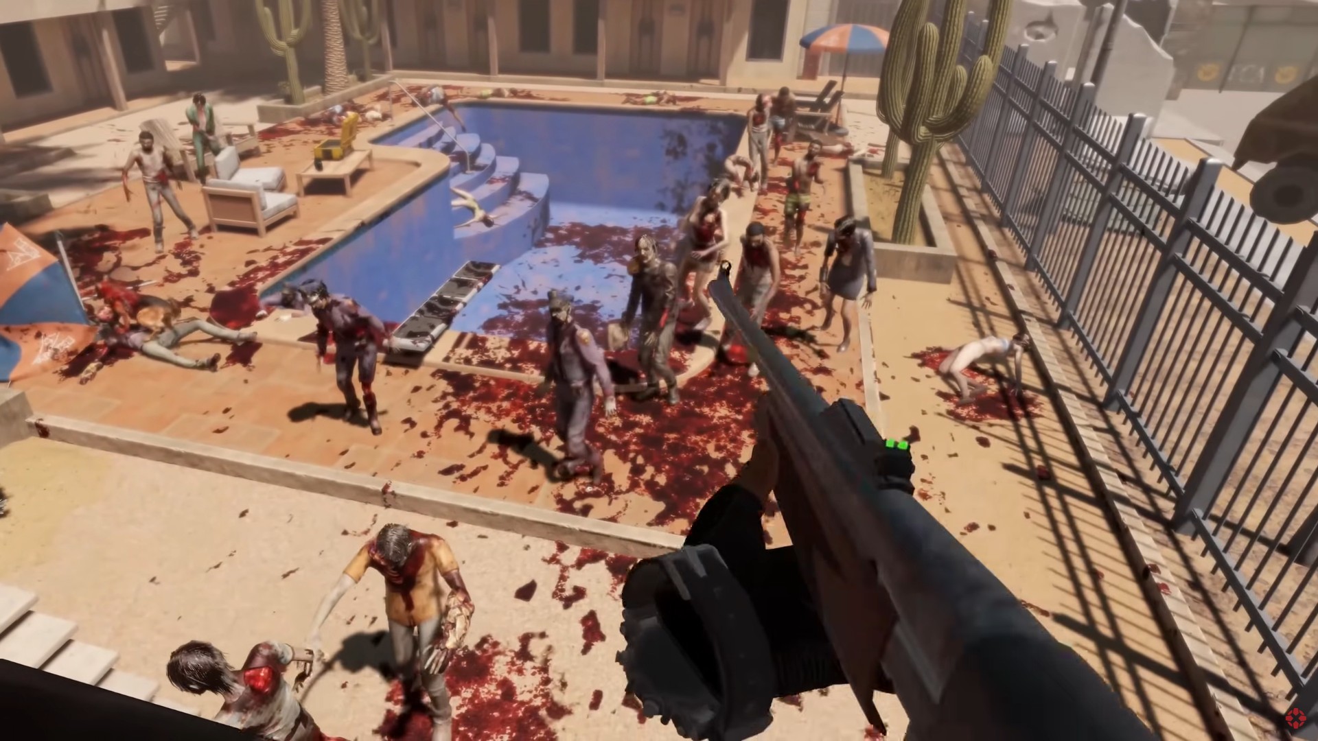 First-person view of the protagonist firing a rifle at a horde of zombies near a pool.