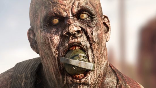 Close-up of a zombie with a grenade in his mouth.