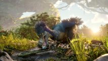 Ark 2 release date - prehistoric bird picking up a glowing relic from a skeleton