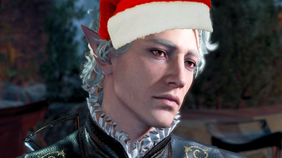 Astarion from Baldur's Gate 3, an pale, aloof elf wearing a Santa Hat.