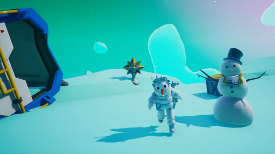 Astroneer Project Cheer delivery event brings festive fun to 9/10 Steam space sandbox game - A player dressed as a snowman runs past an actual snowman and a crashed ship.